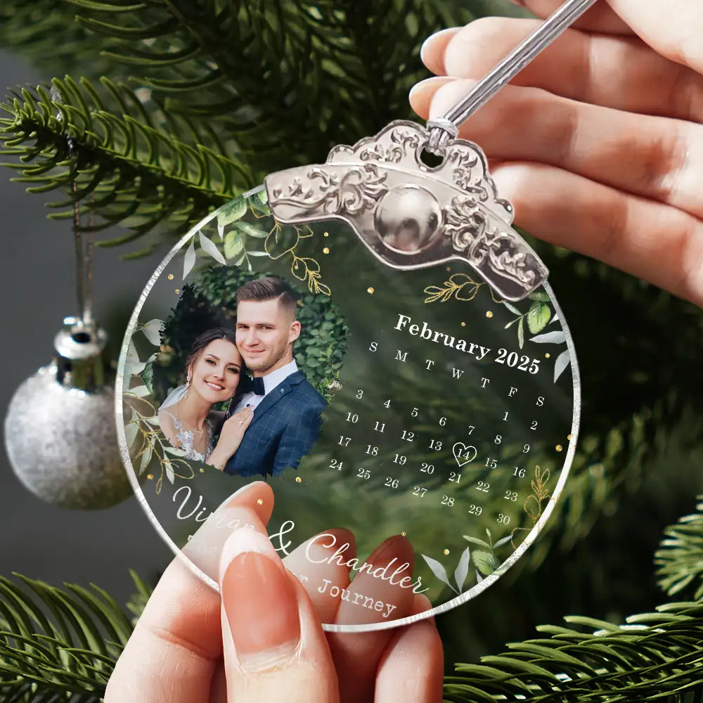 Custom Photo Calendar Married Engaged Wedding Gift - Personalized Glass Ornament With Silver Cap
