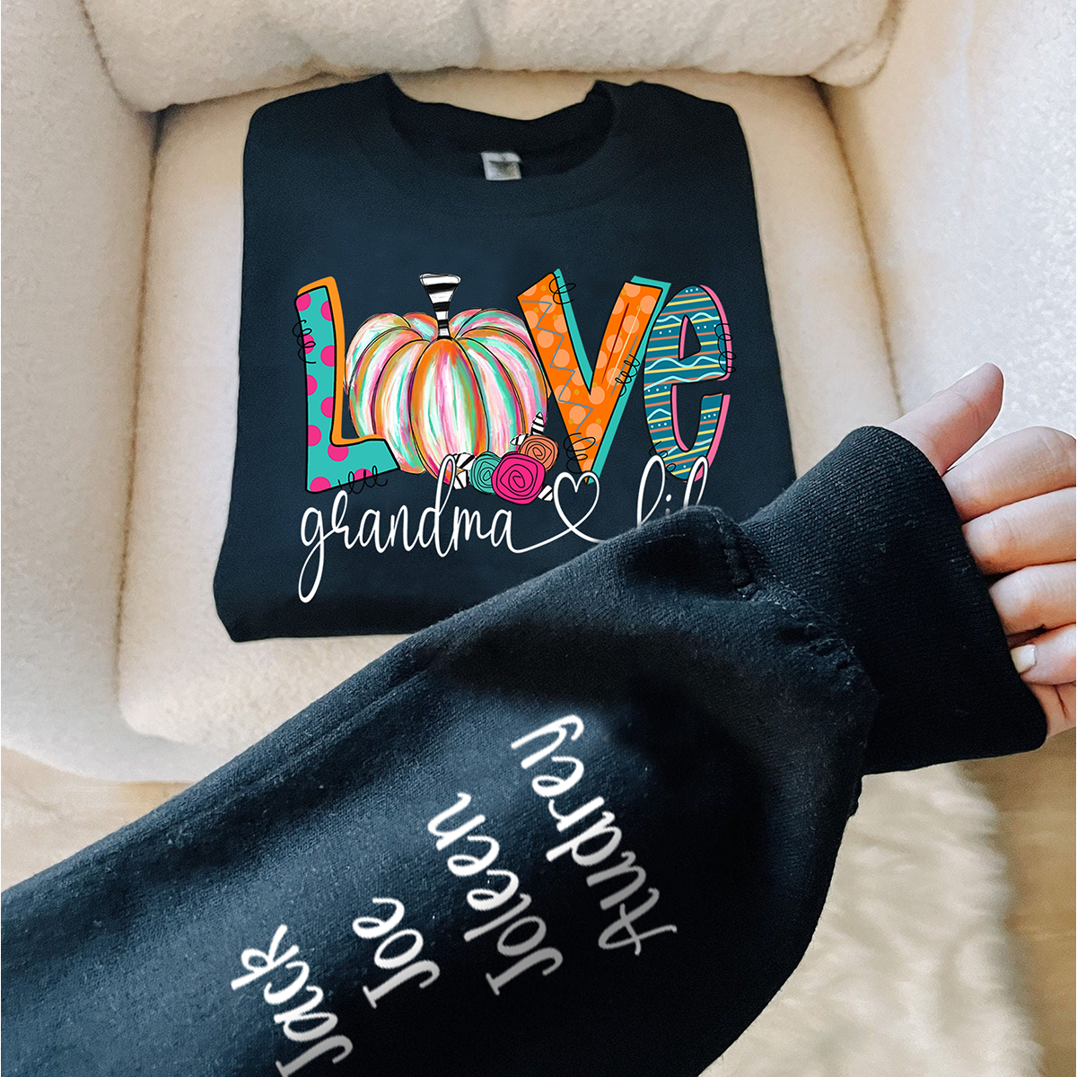 Personalized Love Grandma Life Sweatshirt – Fall Pumpkin Design with Grandkids’ Names on Sleeve