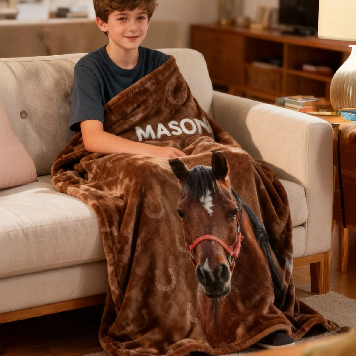 Personalized Painted Horse Photo Horseshoe Blanket with Name,Home Decor,Birthday Gifts for Horse Lovers Family Friends