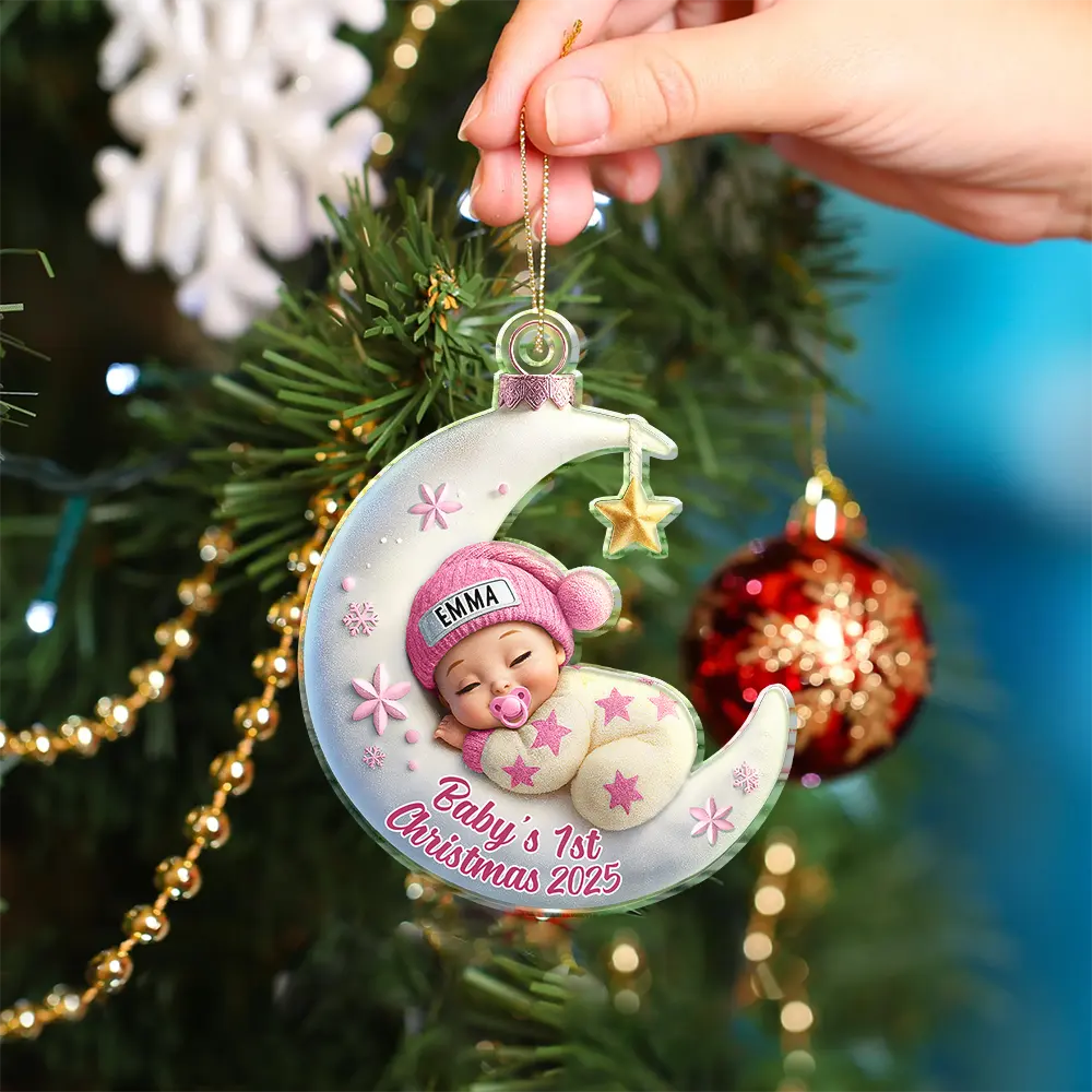 Baby Sleeping On The Moon First Christmas - Personalized Custom Shaped Acrylic Ornament