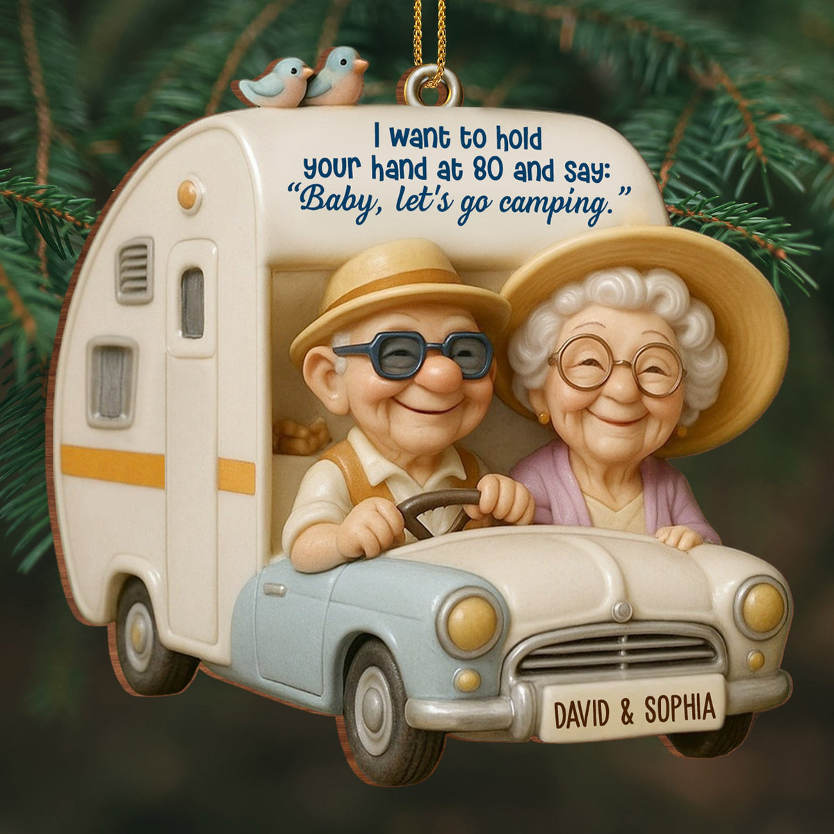 Hold Your Hand At 80, Baby Let’s Go Camping, Custom Wood Ornament, Gift For Elderly Couples