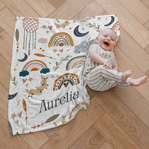 Personalized Toddler Blanket – Custom Name Boho Rainbow Baby Blanket, Unique Baby Shower Gift for Newborn & Kids