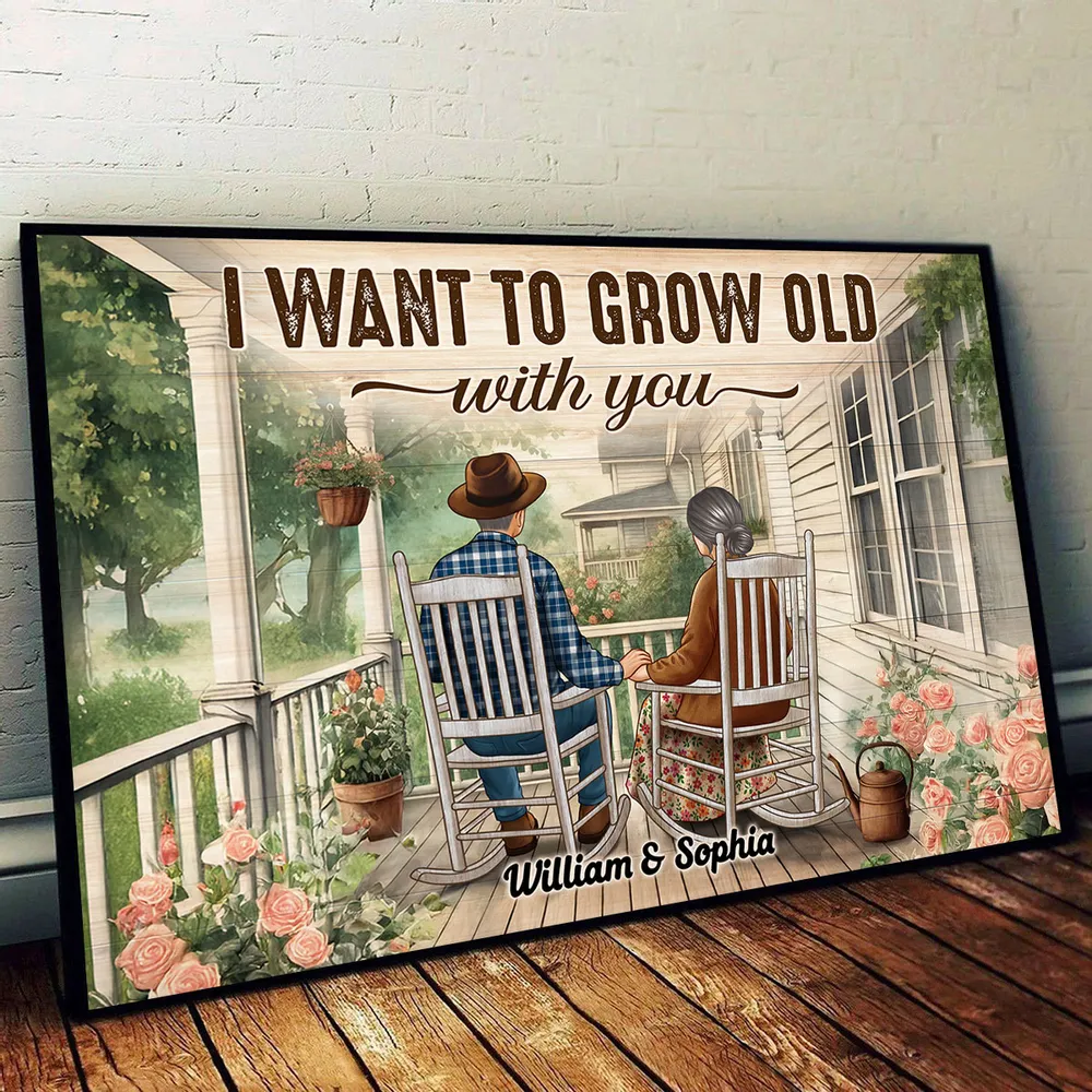 Couple Sitting On The Porch, Growing Old Together Personalized Poster, Heartfelt Gift For Couple
