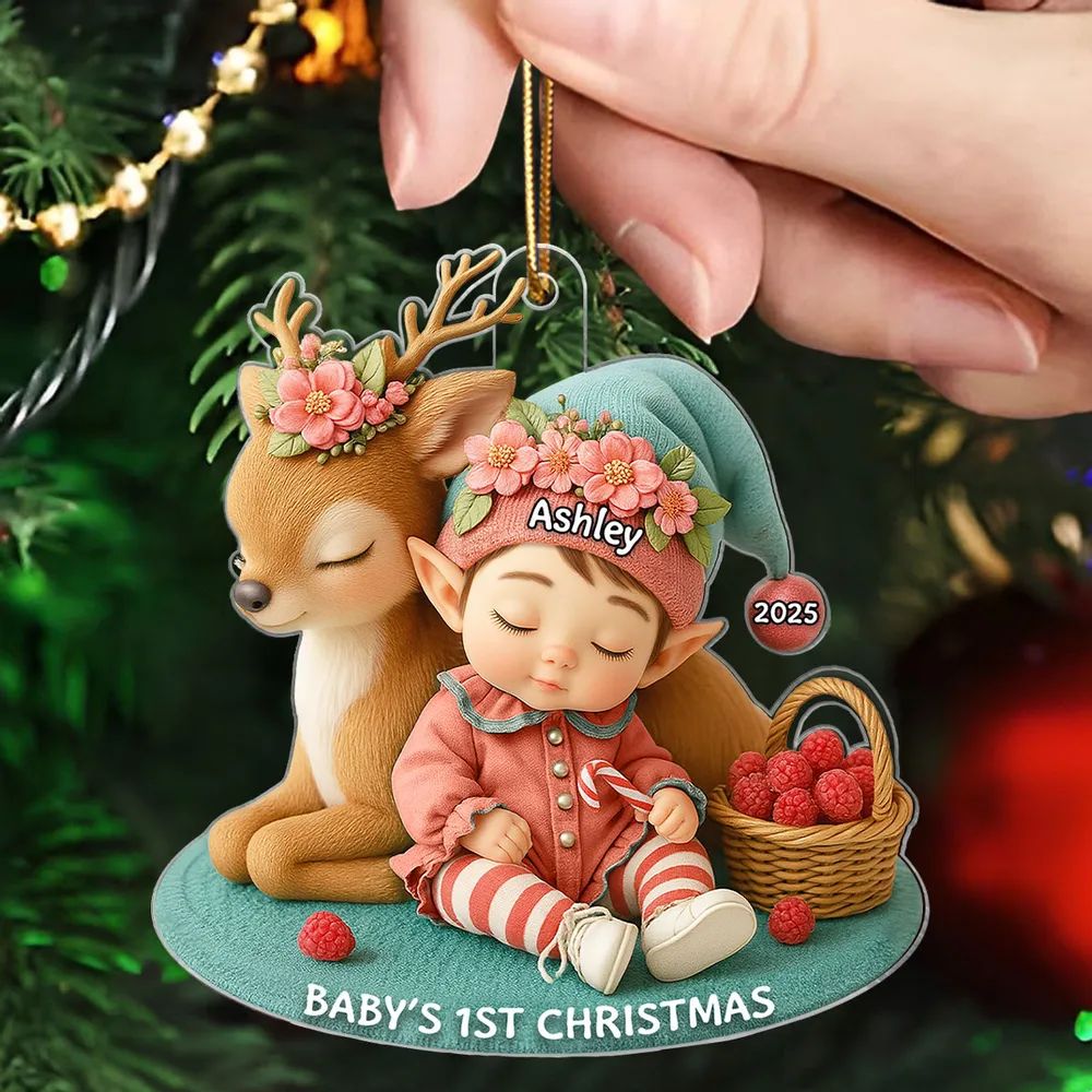 Baby's 1st Christmas Ornament – Cute Elf & Reindeer Personalized Acrylic Ornament