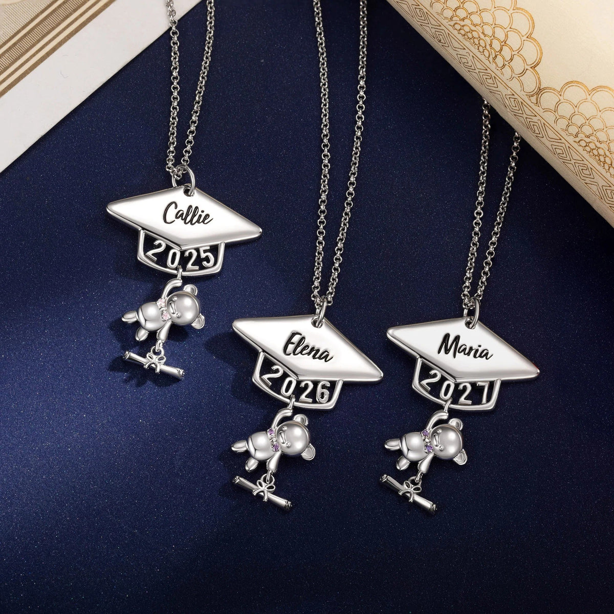 Class of 2026 Graduates Engraved Name and Birthstone Personalised Cute Bear Graduation Necklace