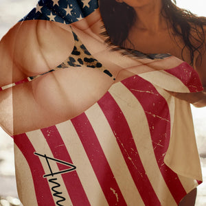Personalized Beach Towel – Woman At Sunlit Beach With American Flag | Unique Gift For Her