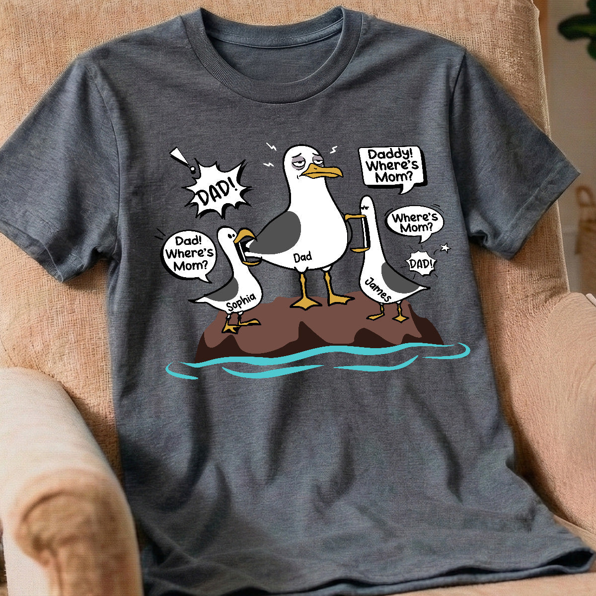 Funny Tired Seagull & Kids Custom Name - Personalized Shirt