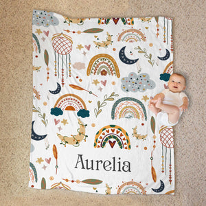 Personalized Toddler Blanket – Custom Name Boho Rainbow Baby Blanket, Unique Baby Shower Gift for Newborn & Kids