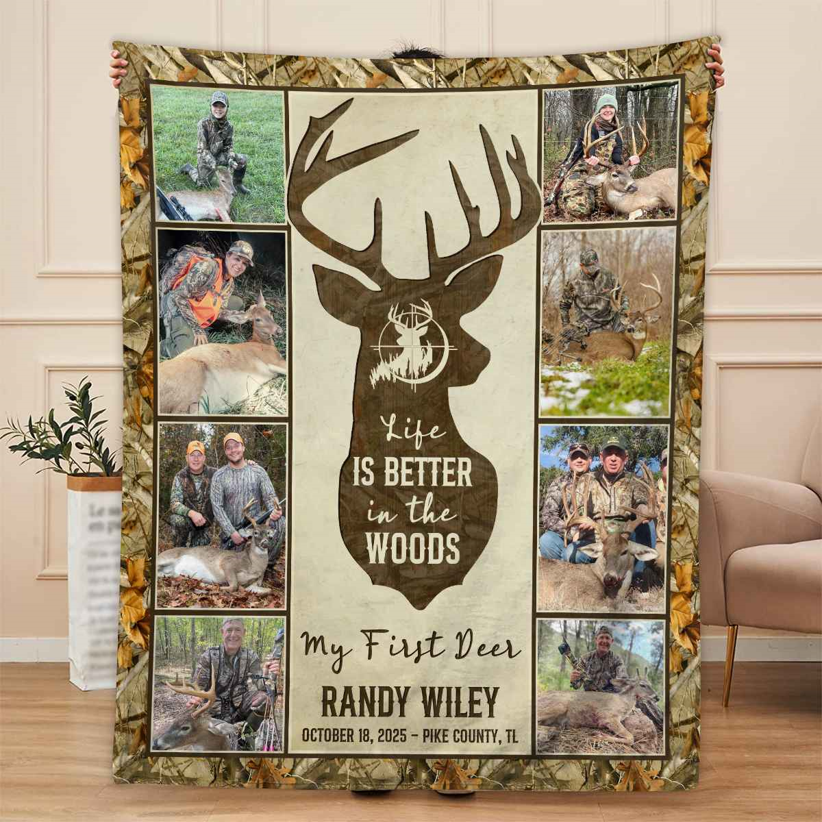 Hunting Deer Photo Collage Blanket, First Deer Gift, Hunting Blanket Gifts For Dad, Anniversary Gifts For Him