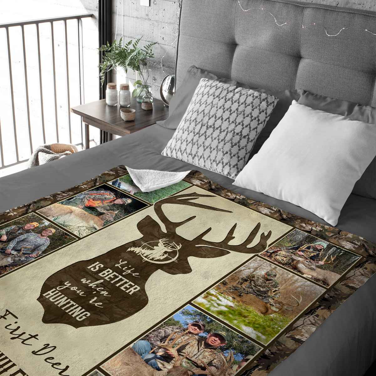 Hunting Deer Photo Collage Blanket, First Deer Gift, Hunting Blanket Gifts For Dad, Anniversary Gifts For Him