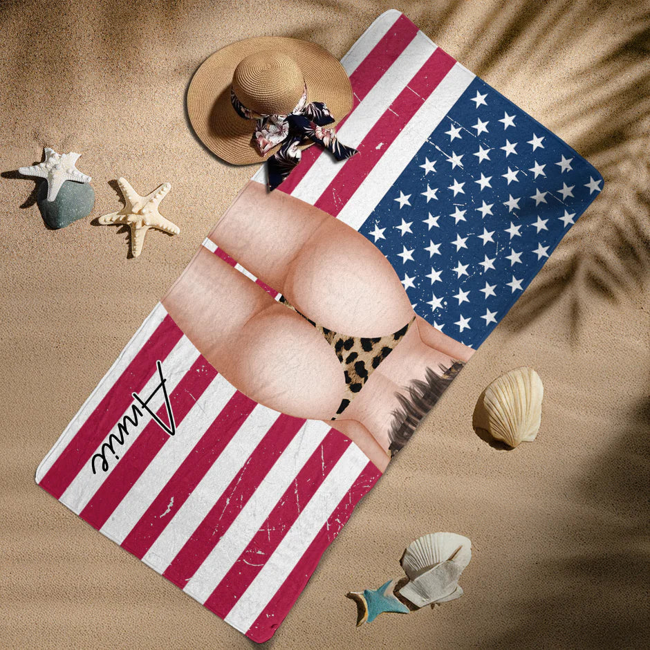 Personalized Beach Towel – Woman At Sunlit Beach With American Flag | Unique Gift For Her