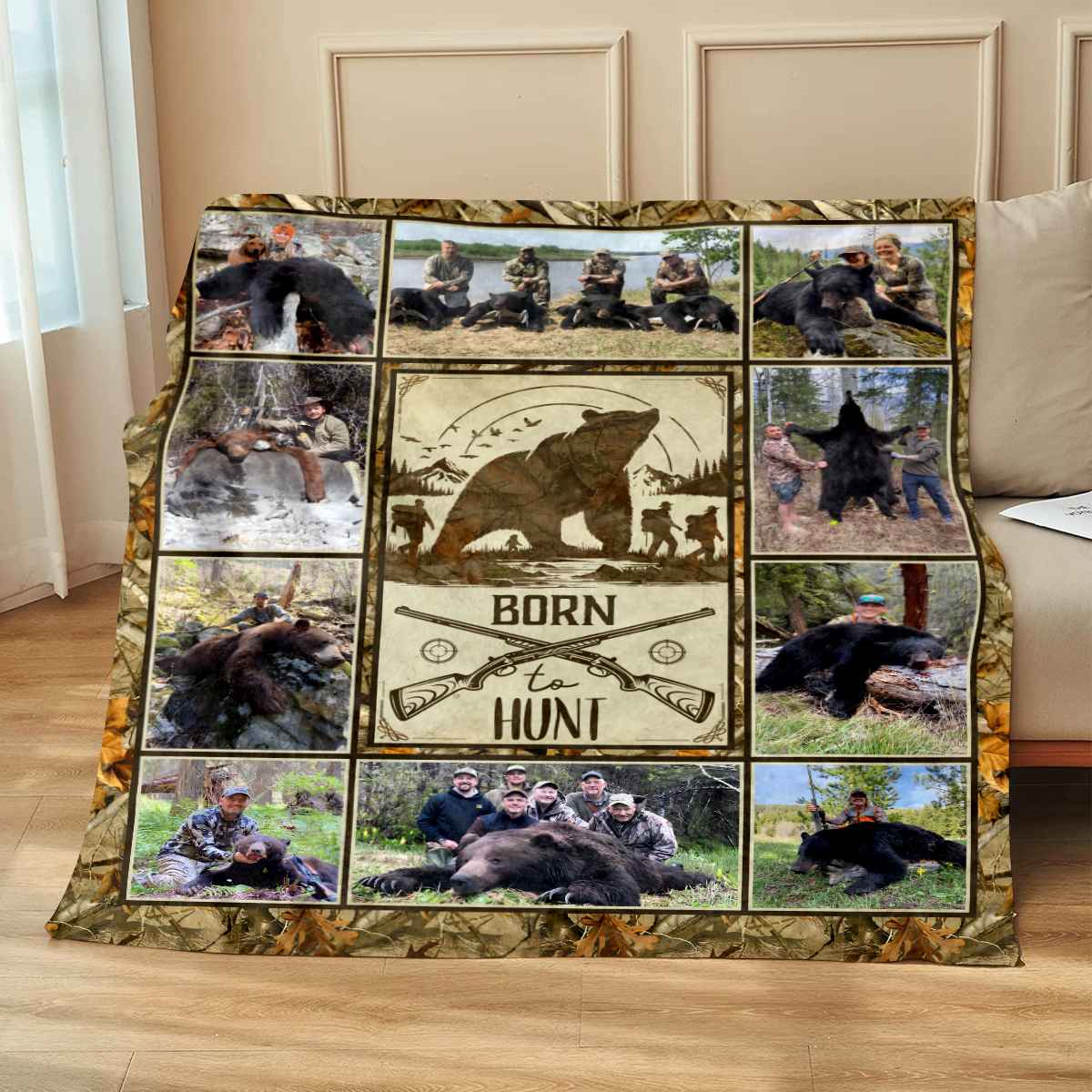 Bear Hunting Blanket For Dad, Customizable Bear Photo Collage Blanket, Hunting Gift for Husband, Hunter Gift for Boy
