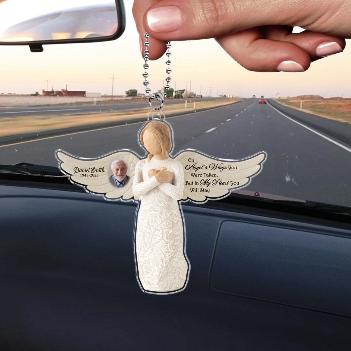 On Angel's Wings You Were Taken, But In My Heart You Will Stay - Personalized Acrylic Car Hanger, Remembrance Angel, Memorial Gift