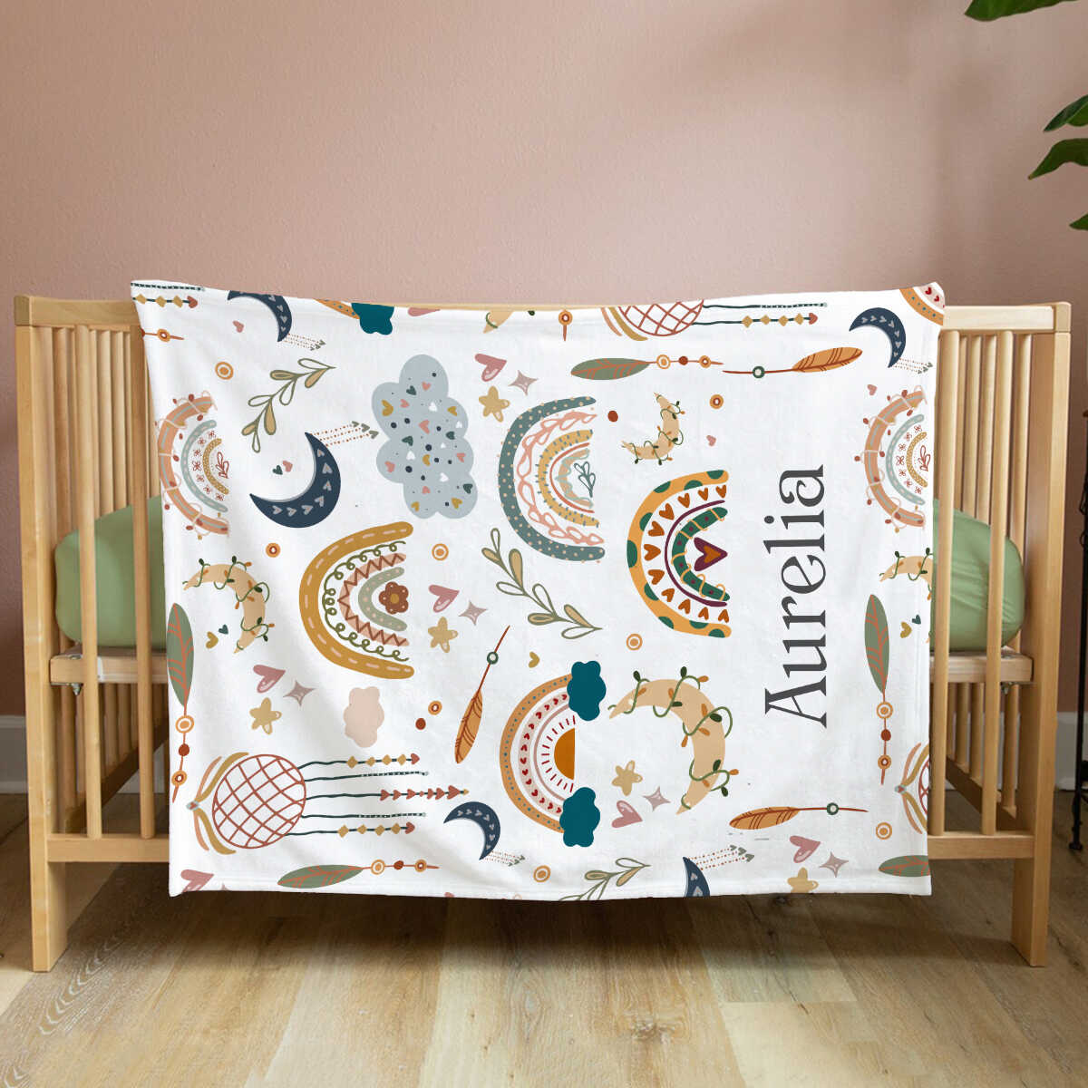 Personalized Toddler Blanket – Custom Name Boho Rainbow Baby Blanket, Unique Baby Shower Gift for Newborn & Kids