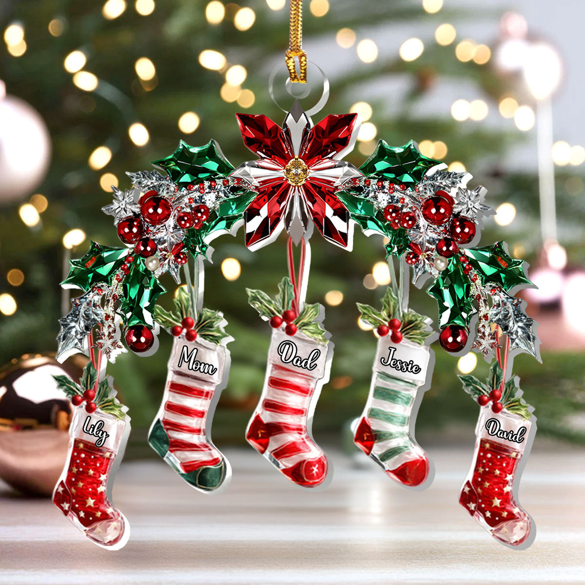 Festive Crystal Stockings Family - Personalized 1-Layer Acrylic Ornament