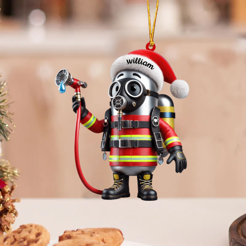 Custom Name Personalized Cute Cartoon Fire Fighter Ornament