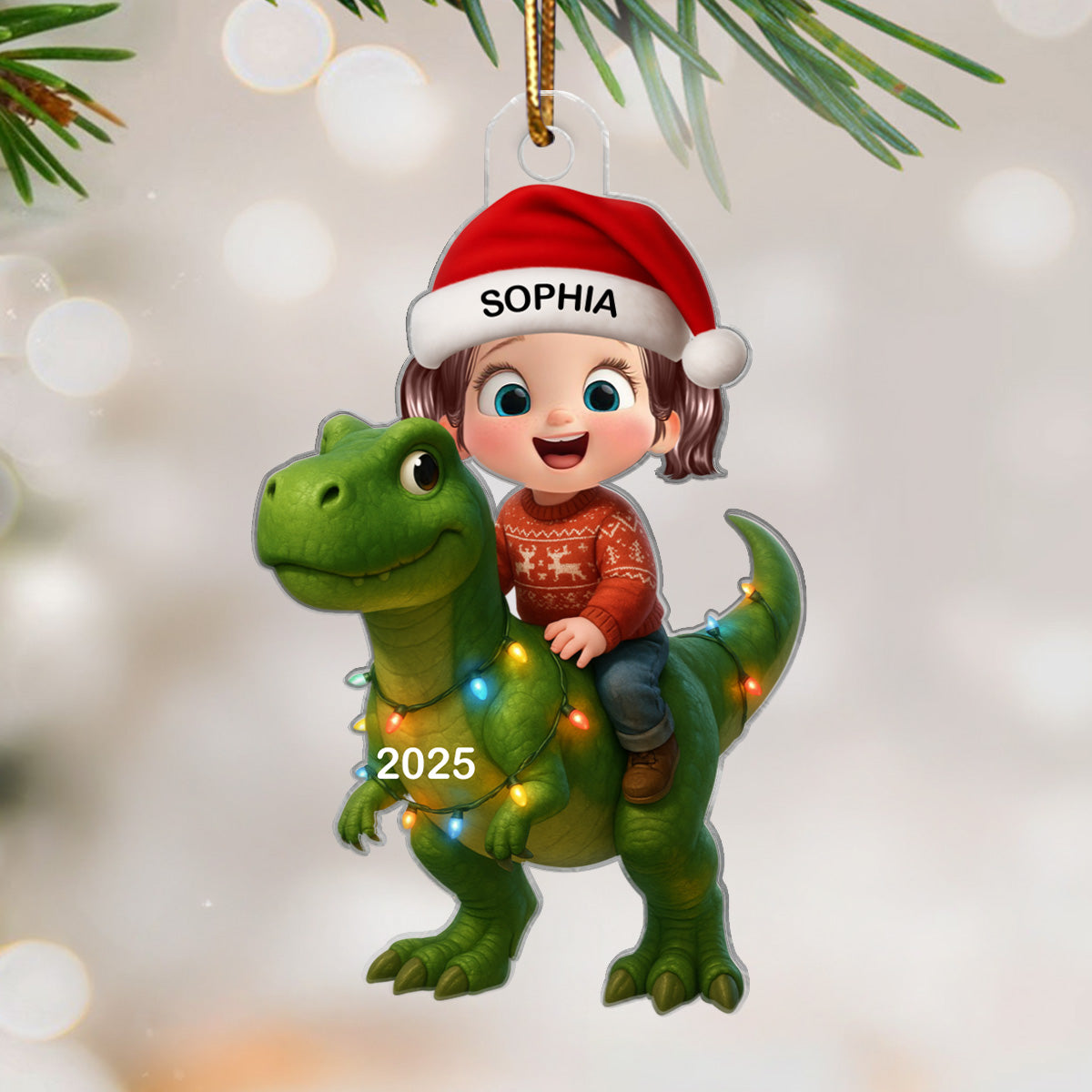 Cute Cartoon Kid With Dinosaur Christmas Personalized Flat Acrylic Ornament, Fun & Unique Gift For Kids, Grandkids
