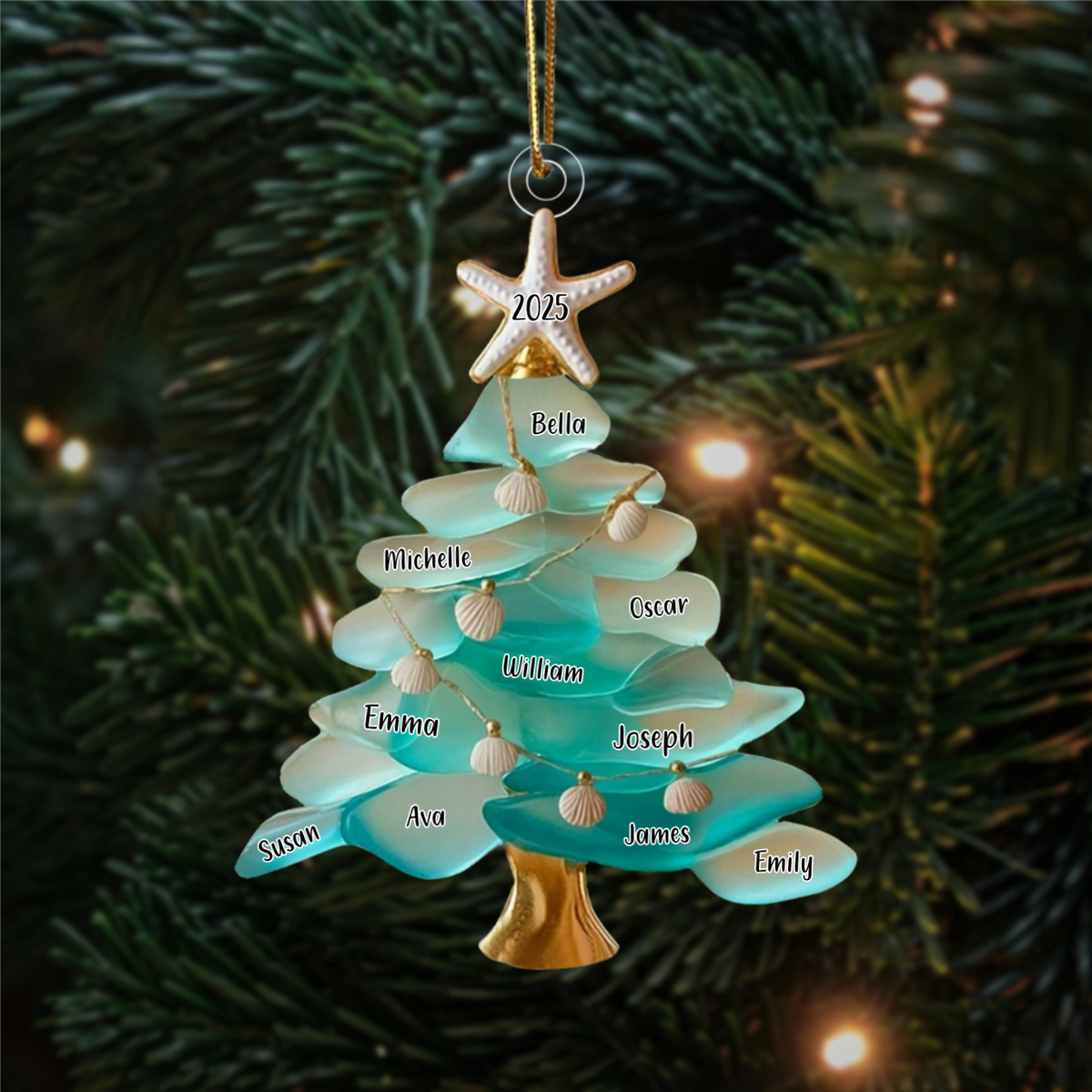 Family Sea Glass Christmas Tree - Starfish Shells Personalized Ornament Gift for Family