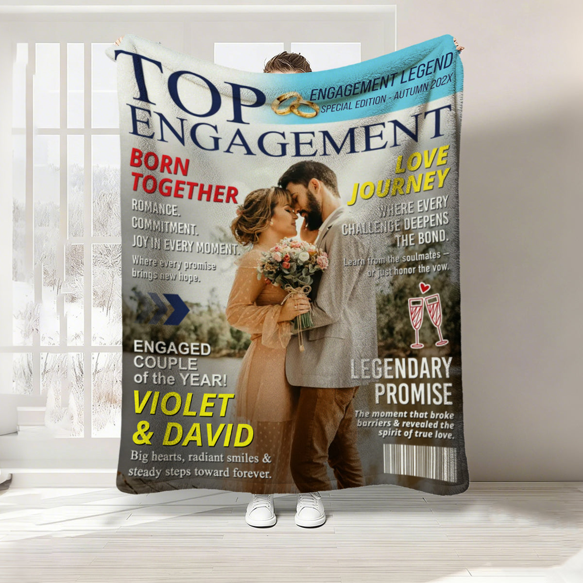 Personalized Custom Couple Photo Engagement Magazine Cover Blanket, Wedding Keepsake