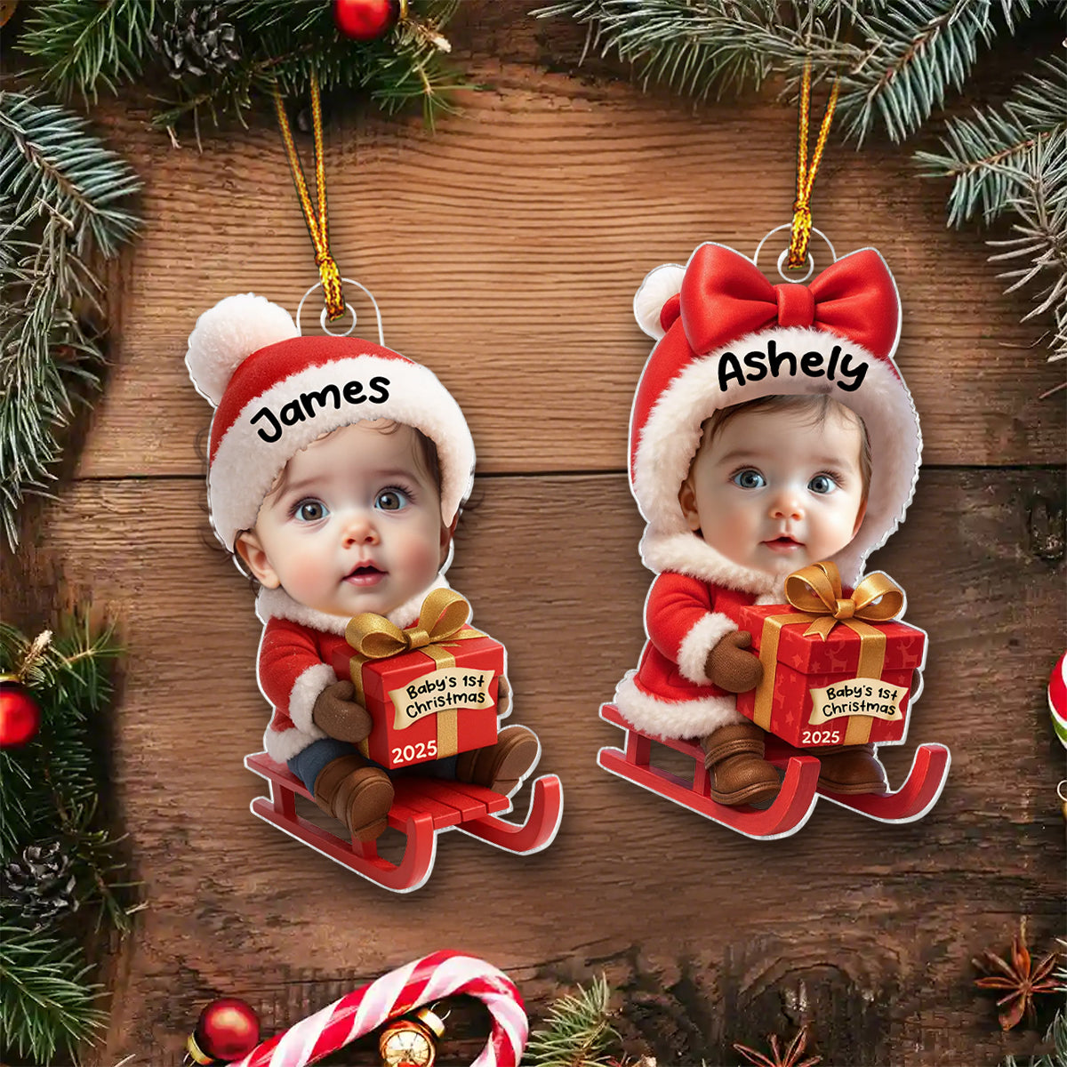 Baby Festive Cheer on a Sled Personalized Acrylic Christmas Ornament, 2025 Keepsake for Newborn