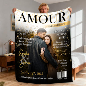 Personalized Amour Magazine Cover, Custom Couple Newspaper Blanket, Romantic Love Story Gift