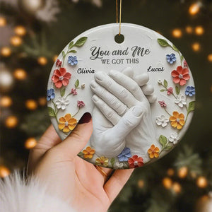 Clasped Hands And Flowers, Personalized Ceramic Ornament, Gift For Couples And Partners