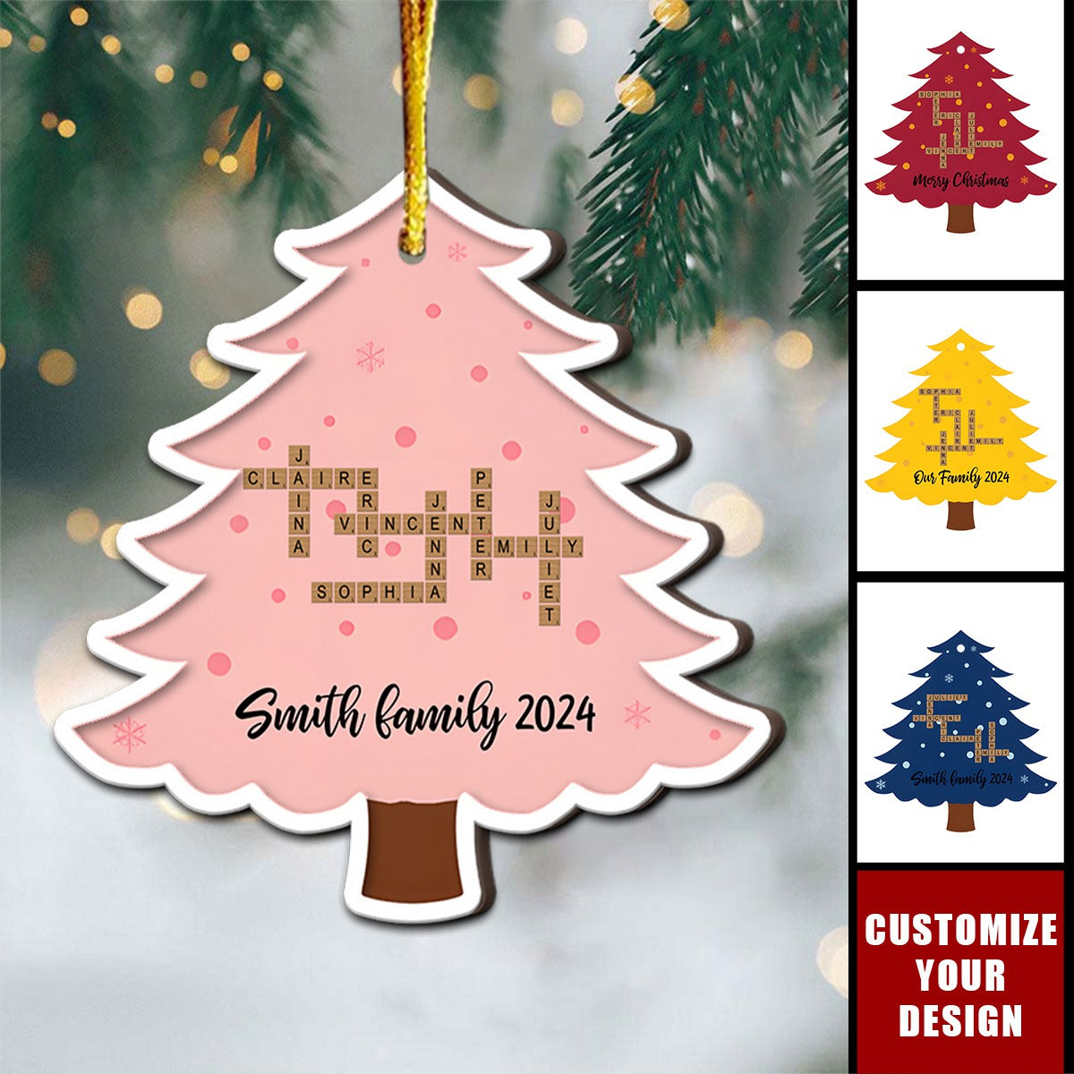 Personalized Family Name Crossword Christmas Tree 2-Layer Wooden Ornament