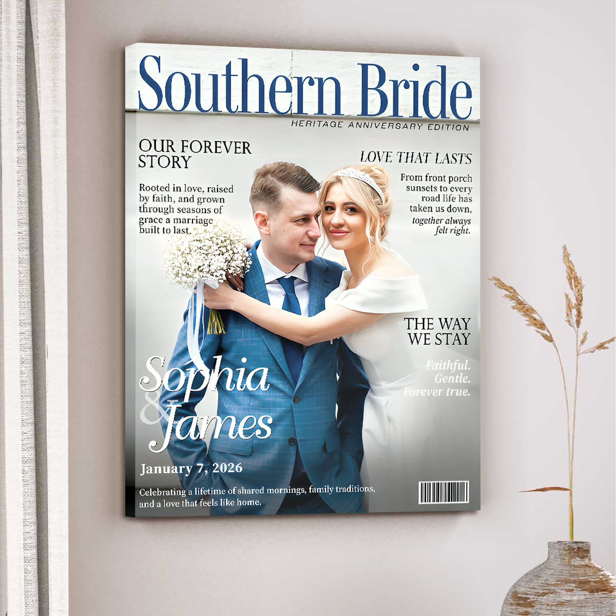 Southern Bride Magazine Cover, Personalized Wedding Canvas, Timeless Southern Love Keepsake