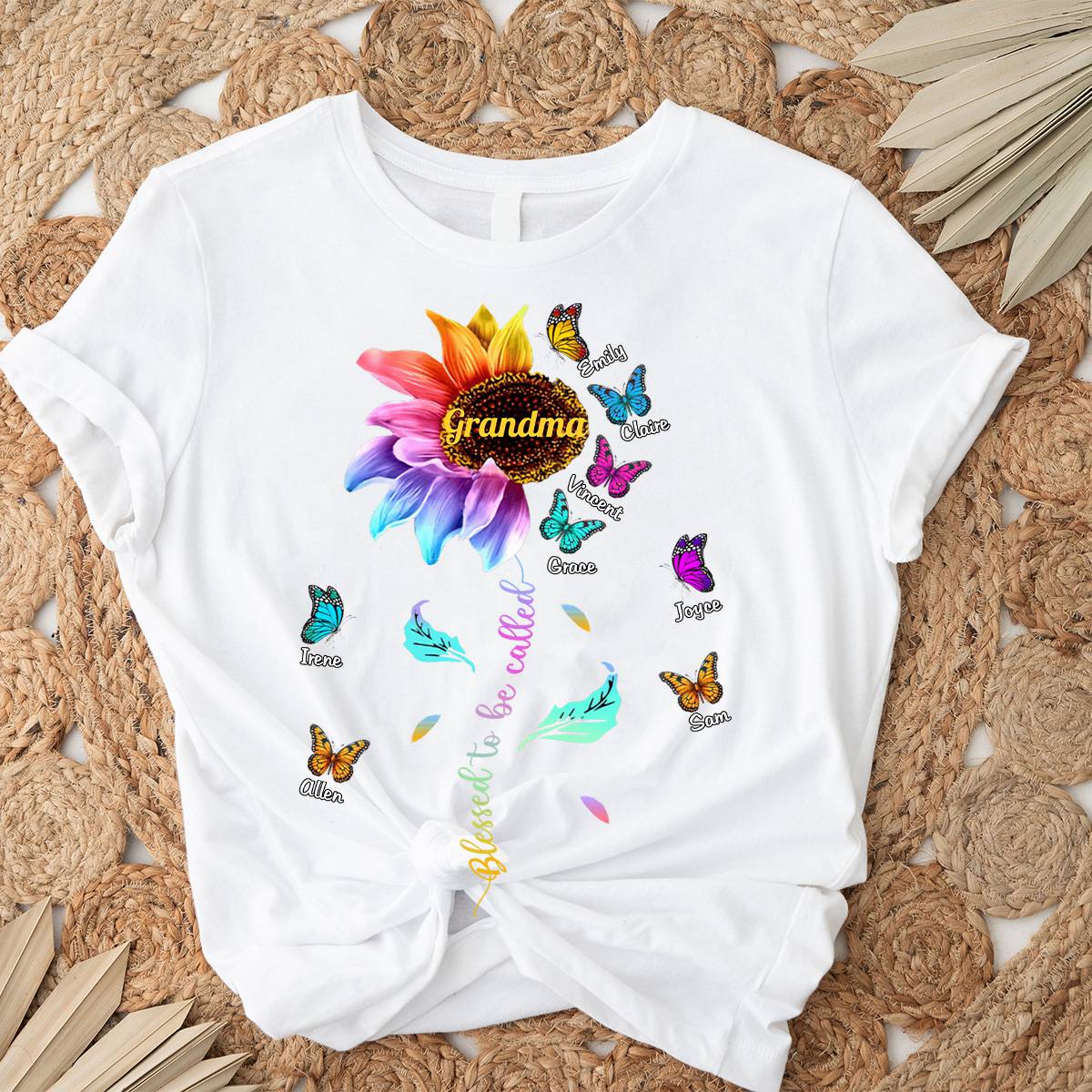 Personalized Grandma Colorful Sunflower With Butterflies Pure cotton T-shirt