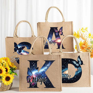 Personalized Sparkling Stars Butterfly Monogram Name Jute Tote Bag