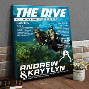 Custom Scuba Diver Couple Magazine Cover Canvas, Scuba Diving Magazine Cover, Ocean Lover Canvas Wall Art, Scuba Diving Soulmates Sign