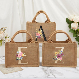 Personalized Alphabet Letter Floral Monogram Name Jute Tote Bag