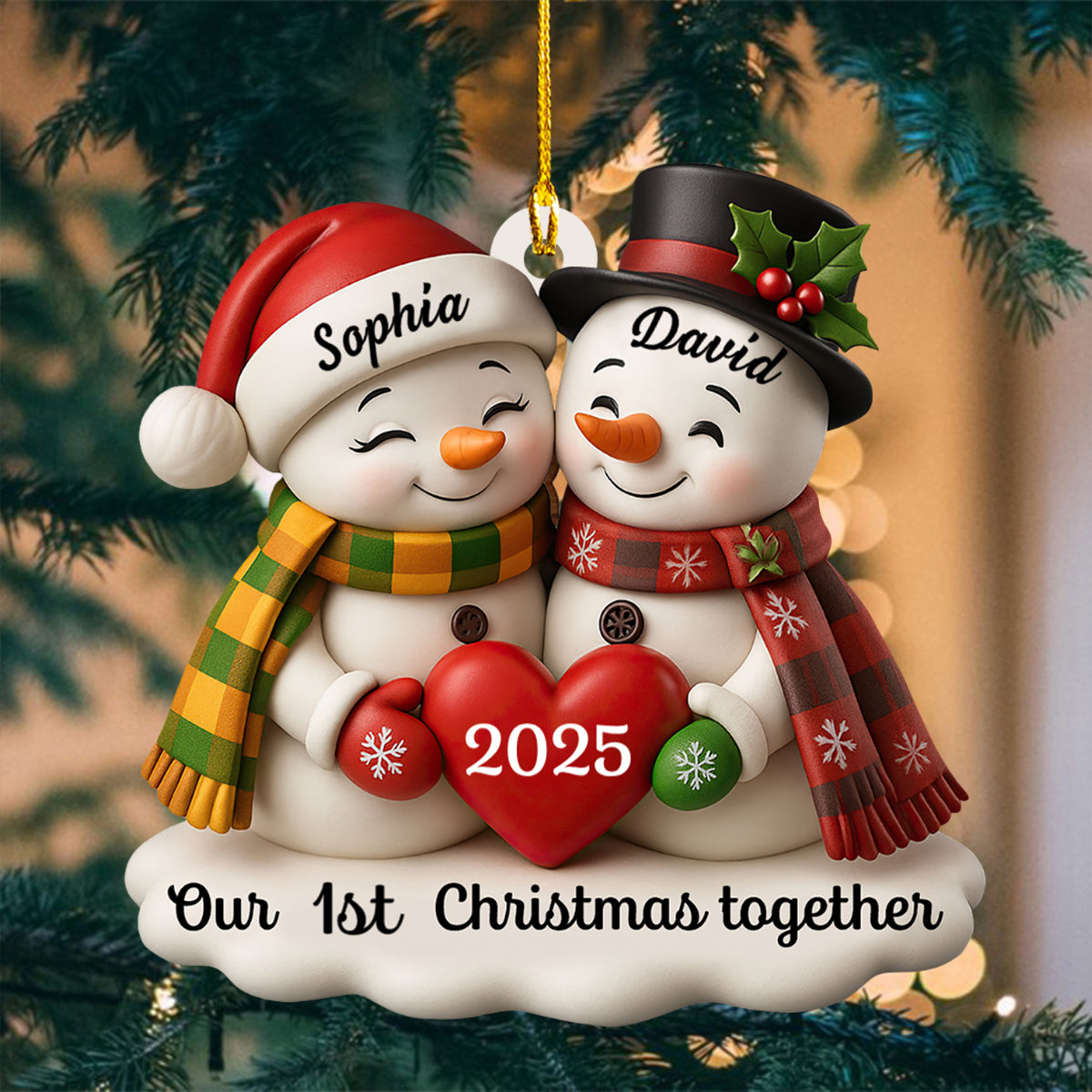 Our Christmas Together, Snowmen With Hearts and Holly, Personalized Acrylic Ornament, Gift for Couples and Family