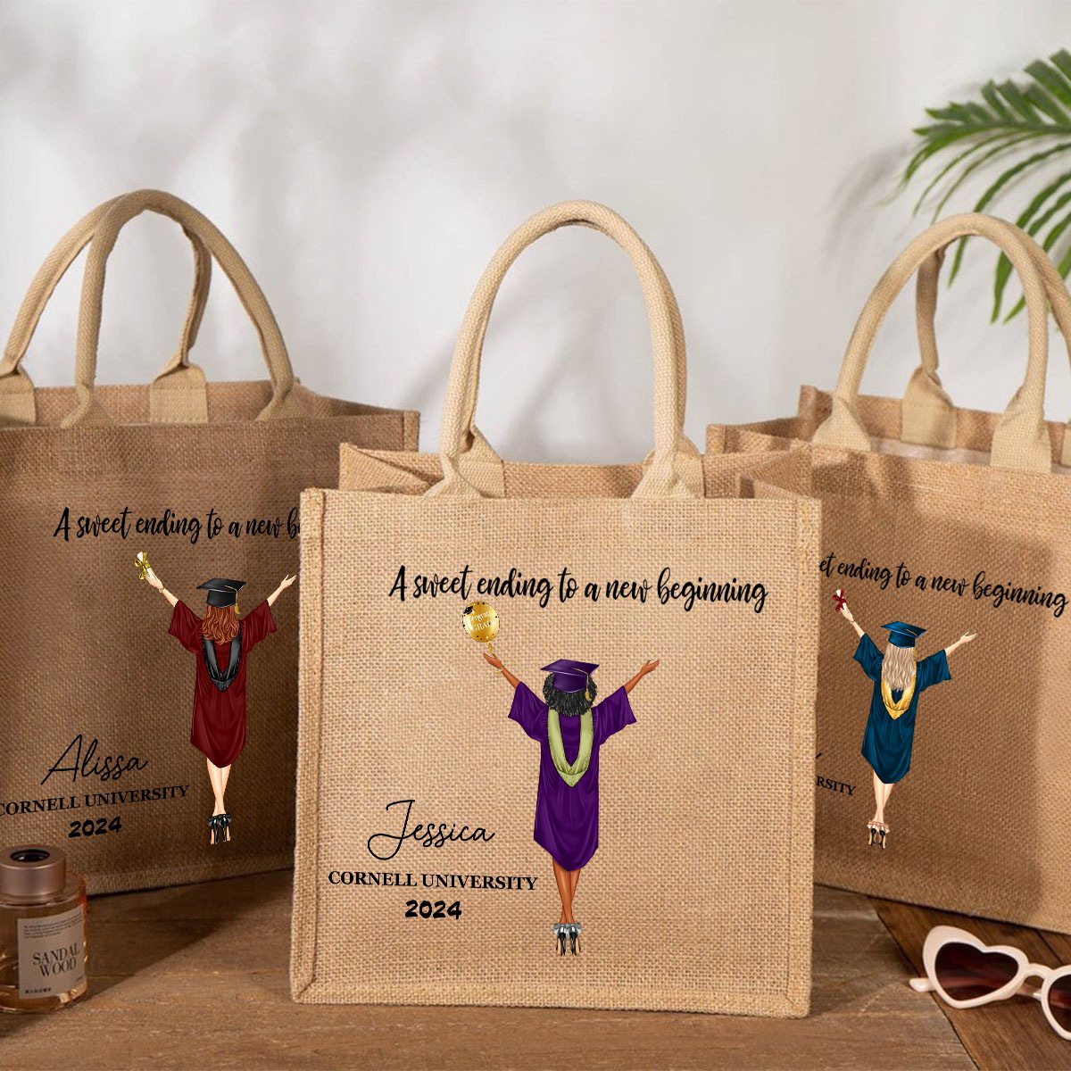 A Sweet Ending To A New Beginning - Personalized Jute Tote Bag - Graduation Gift