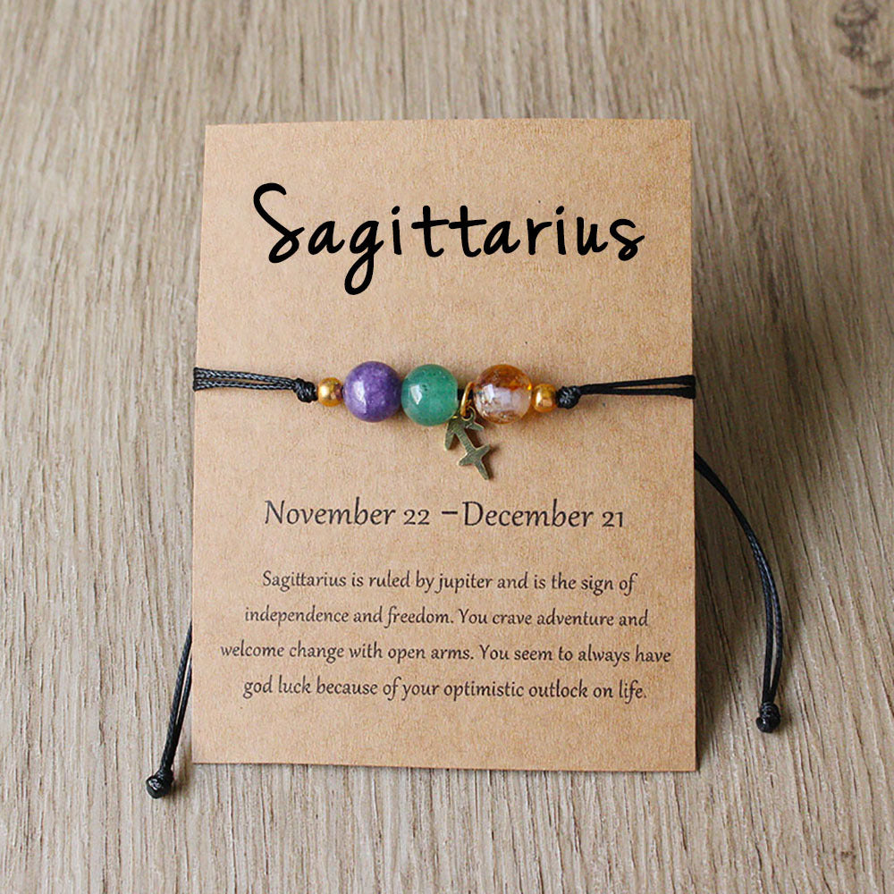 Natural Stone Hand Woven Bracelet With Twelve Constellations Paper Card