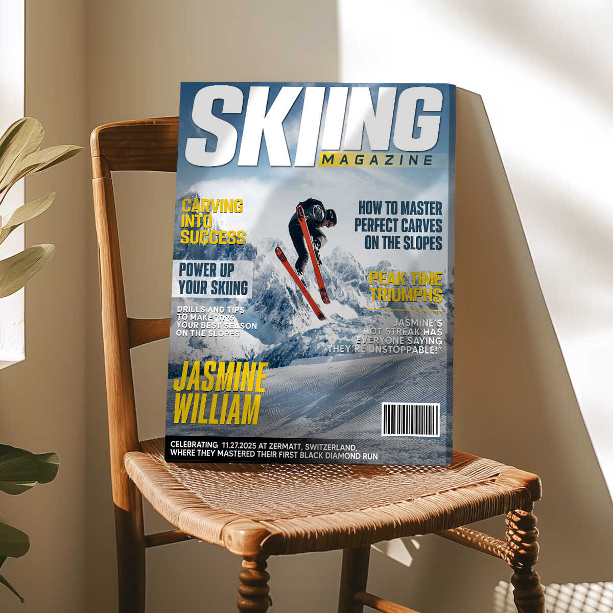 Personalized Skiing Magazine Cover Canvas Custom Sport Magazine Cover, Skiing Player Gift, Unique Gifts For Skiing Player