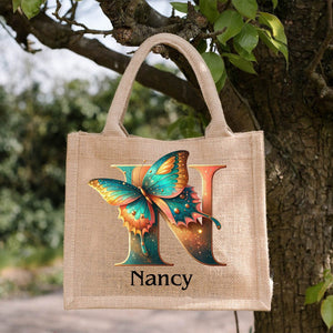 Personalized Coral Magnificent Butterfly Letter Name Jute Tote Bag