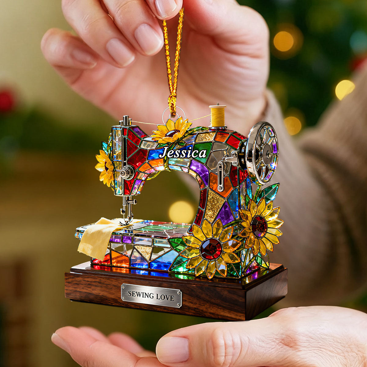 Personalized Stained Glass Effect Sewing Machine Themed Ornament