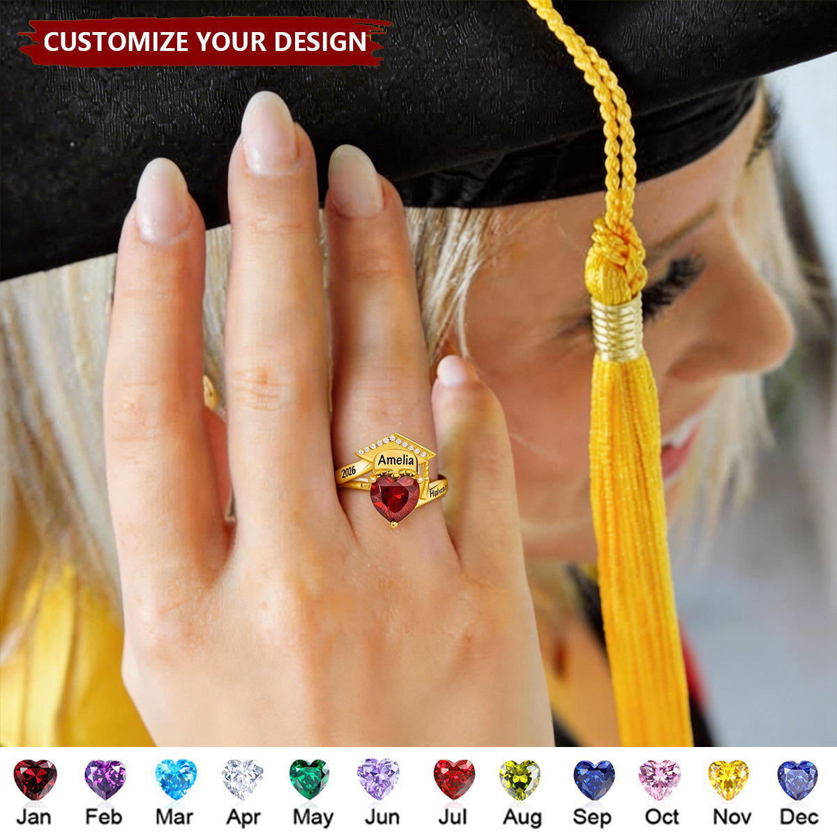 Personalized Grad Cap Heart Birthstone Ring - Graduation Gift For Graduates