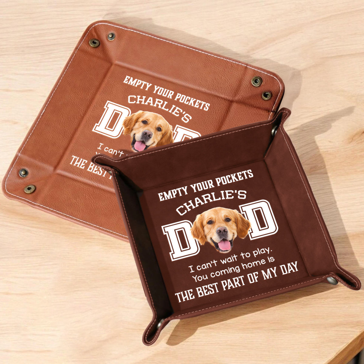 Custom Photo Dog Can't Wait To Play With Dad Personalized Leather Valet Tray