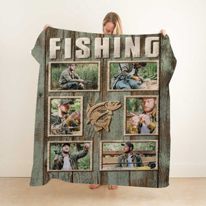 Personalized Fisherman Fishing Photo Collage Blanket, Fishing Gifts For Men