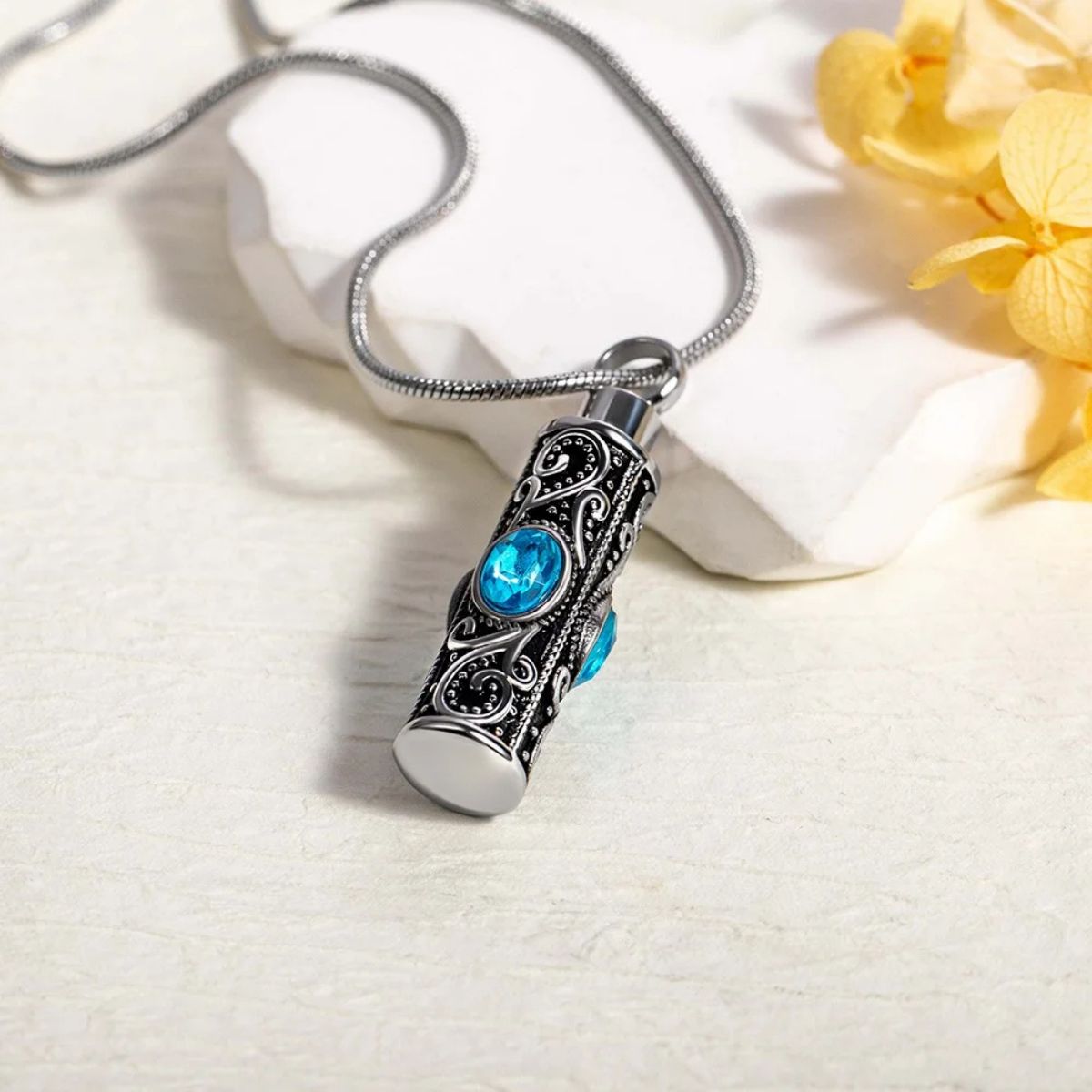 Personalized Gemstone Vintage Cylinder Urn Necklace for Ashes, Sympathy Gift for Pet Loss/Family/Friend/Lover