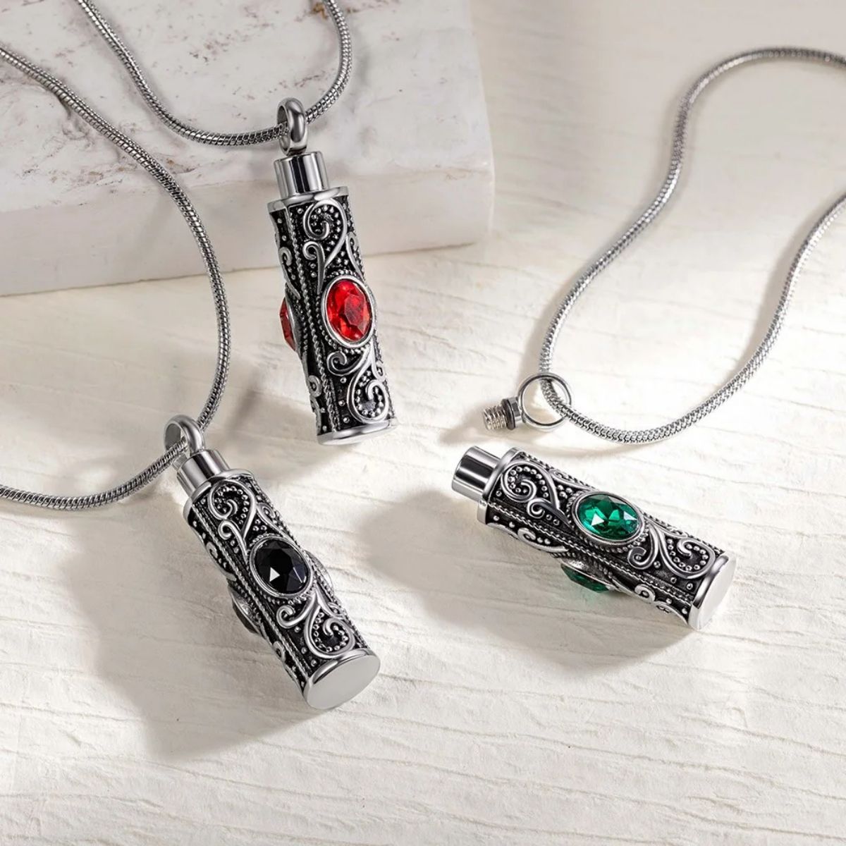 Personalized Gemstone Vintage Cylinder Urn Necklace for Ashes, Sympathy Gift for Pet Loss/Family/Friend/Lover