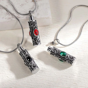 Personalized Gemstone Vintage Cylinder Urn Necklace for Ashes, Sympathy Gift for Pet Loss/Family/Friend/Lover