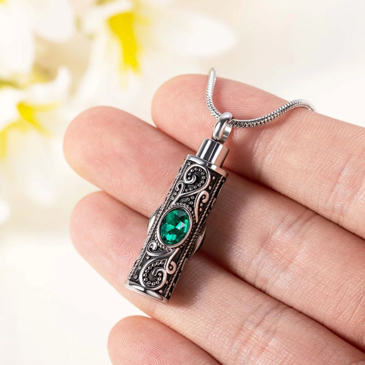 Personalized Gemstone Vintage Cylinder Urn Necklace for Ashes, Sympathy Gift for Pet Loss/Family/Friend/Lover