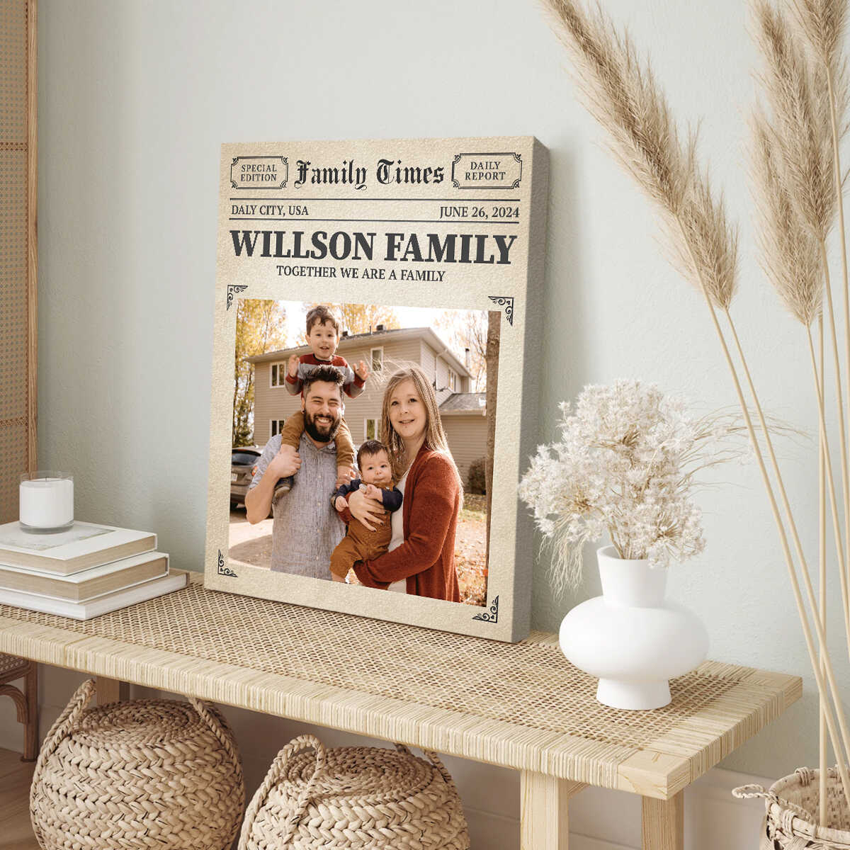 Personalized Newspaper Wall Art, Family Times Magazine Poster Print, Family Photos Canvas