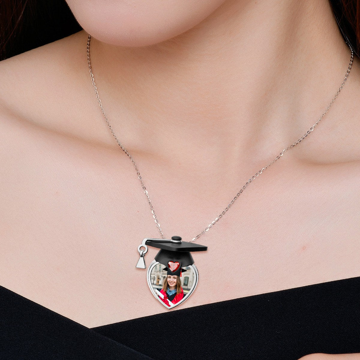 Personalized Photo Dainty Birthstone Graduation Cap Necklace
