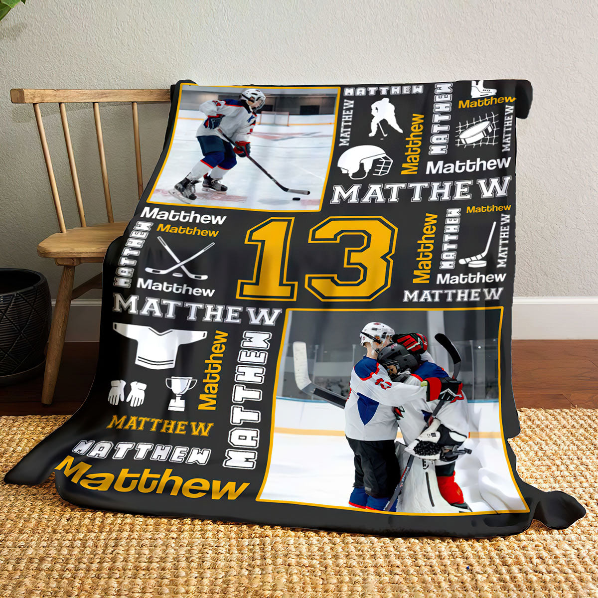 Hockey Name Blanket Personalized With Photo, Custom Gifts For Hockey Player, Field Hockey Gifts