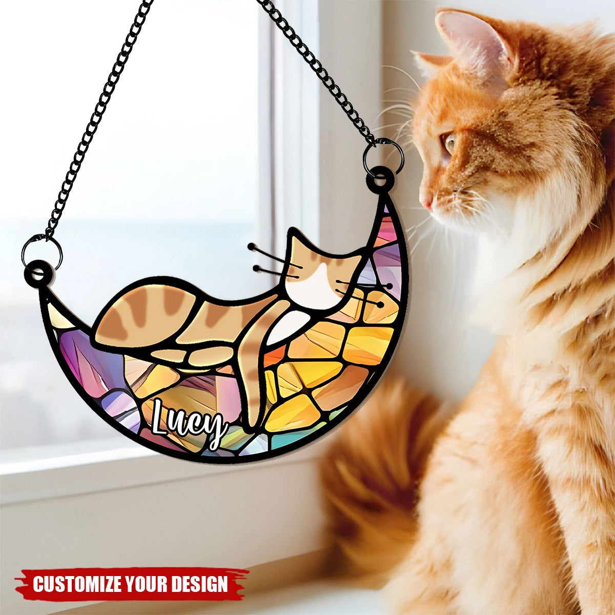 Personalized Memorial Suncatcher -Sleeping Pet on Moon Loss of Pet Sympathy Gift