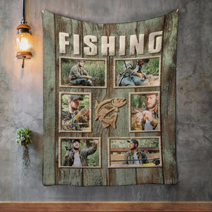 Personalized Fisherman Fishing Photo Collage Blanket, Fishing Gifts For Men
